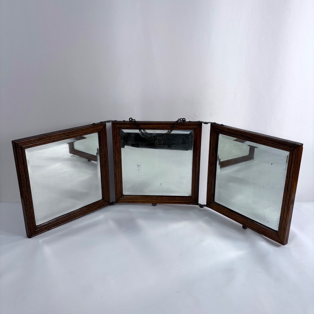 Antique Triptych Folding Mirror Tiger Oak Wood Beveled Glass 3 Way Vanity Mirror